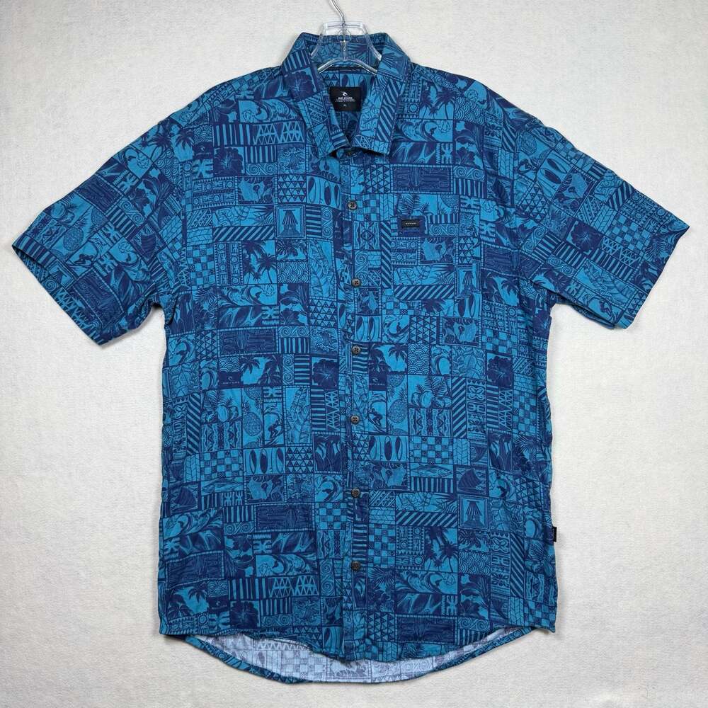 Rip Curl Mens XL Blue Graphic Tile Print Button-Down Shirt Rayon Summer Light